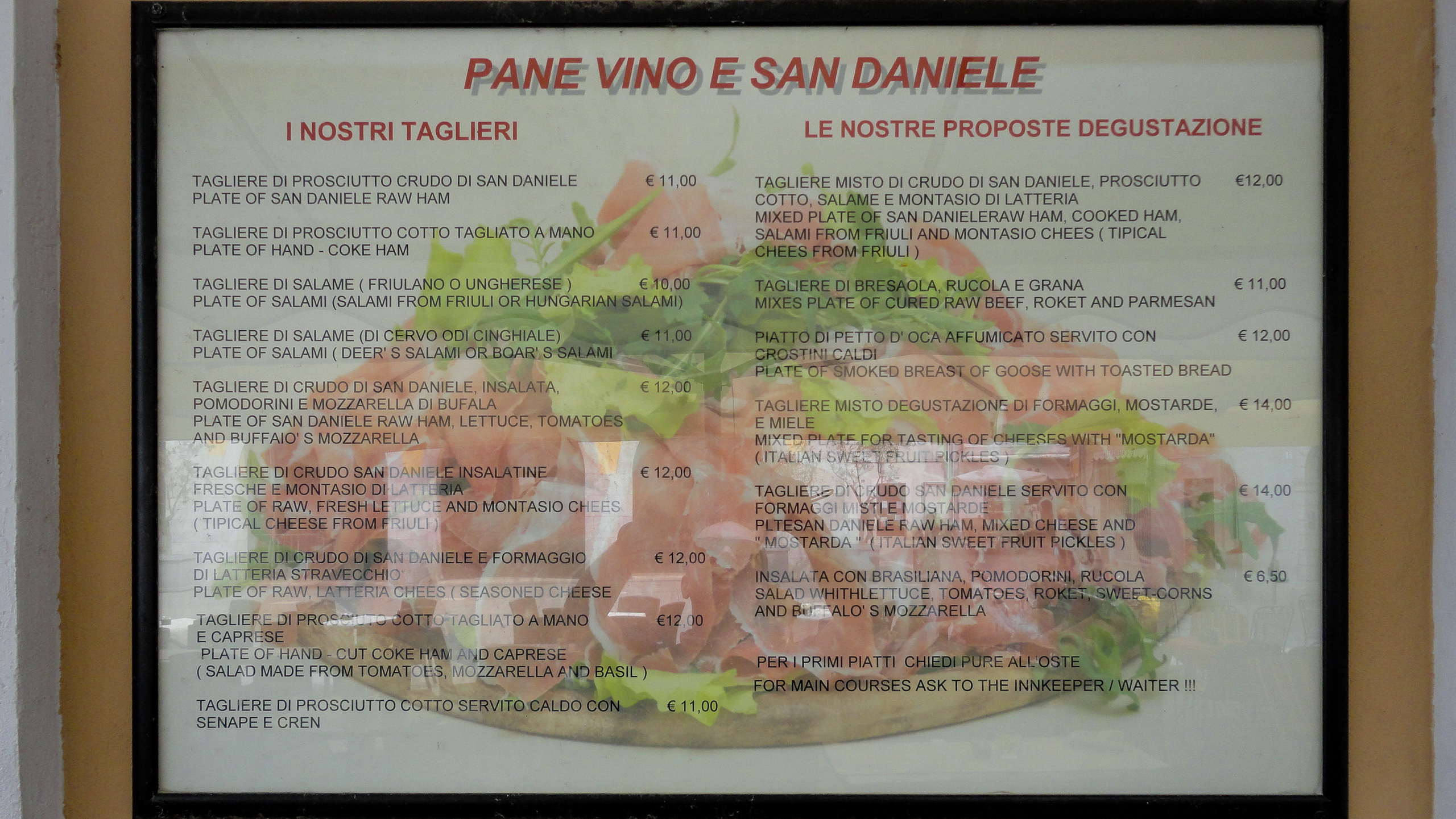 Speisekarte der Konoba in Muggia – Prosciutto di San Daniele